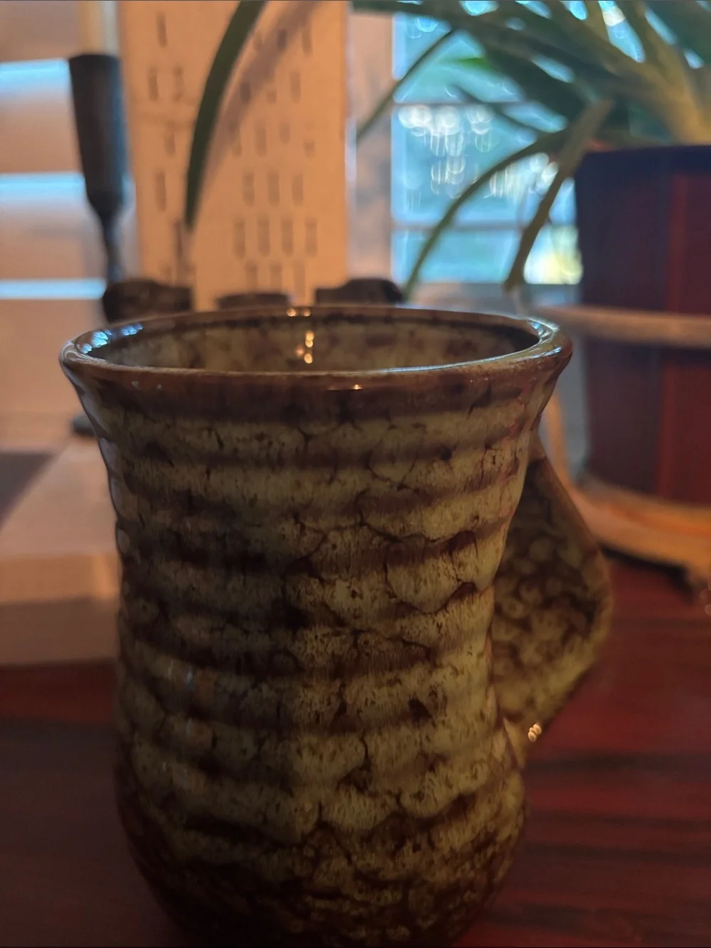 Handcrafted 20 oz Glazed Ceramic Mug in Green and Brown
